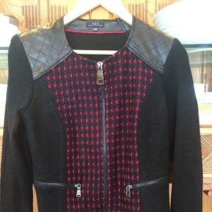 Zip up sweater cardigan with red and black print